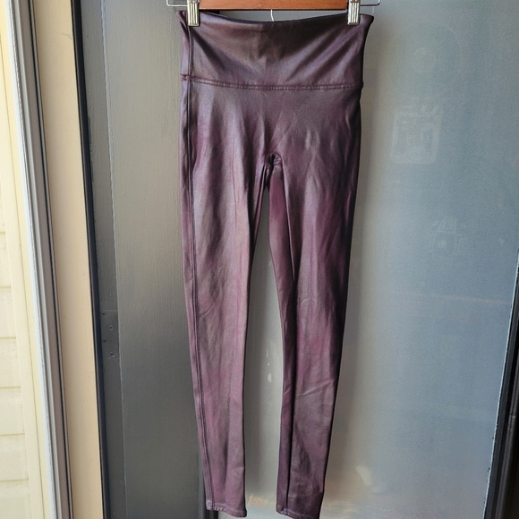 Spanx Leggings Womens SP Brown Metallic Faux Leather Pants Shiny Stretch Bodycon - Picture 2 of 7
